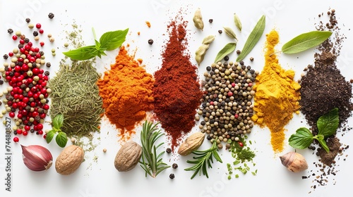 Various colorful spices and herbs are arranged in a neat row on a white background.