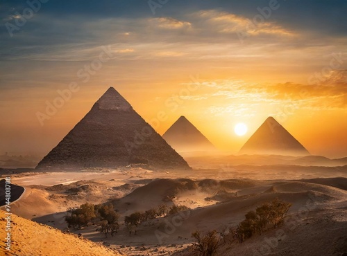  Egyptian landscape with Ancient pyramids  desert at sunset in past  fantasy view. Travel wallpaper.