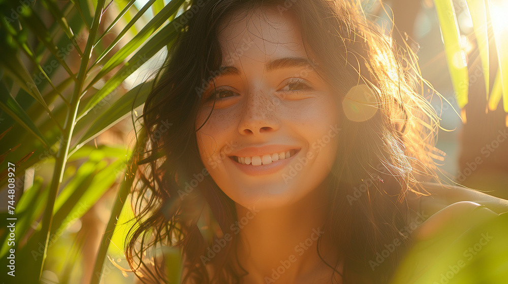 Portrait of a beautiful young woman with long brown hair in a tropical setting Portrait of a beautiful young woman with long brown hair in a tropical setting