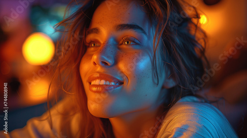 Portrait of a beautiful young woman in a nightclub with lights.