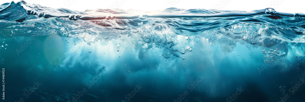 water wave underwater blue ocean. wide panorama background. - obrazy, fototapety, plakaty 