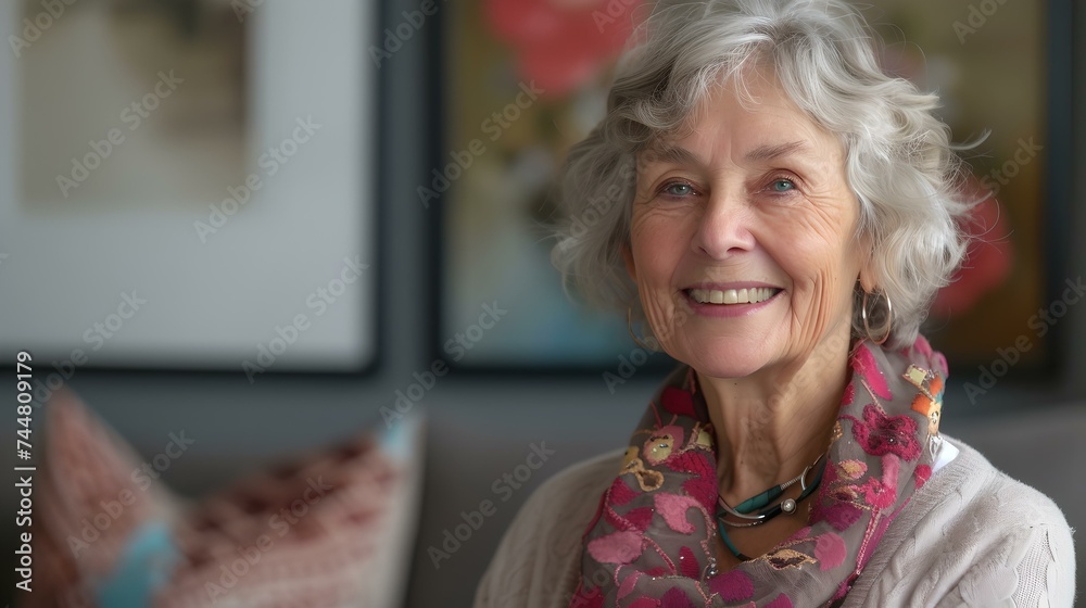 Elegant senior woman with a warm smile at home, casual and relaxed lifestyle portrait. photography for family album. AI Elegant senior woman with a warm smile at home, casual and relaxed lifestyle portrait. photography for family album. AI