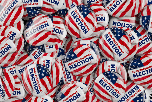 2024 Election campaign buttons with the USA flag. 3D illustration of a US Presidential election background with dozens of campaign buttons.