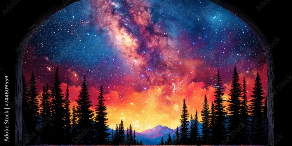 Fantasy-like vision of a night sky ablaze with stellar clouds and stars over a forest silhouette against a fiery sunset