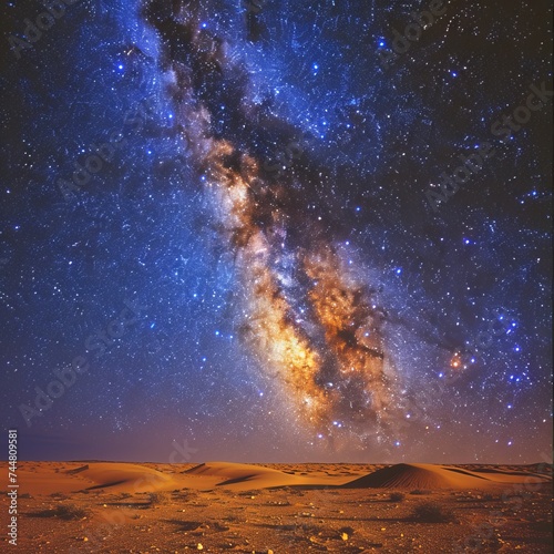 Stunning Milky Way galaxy core dazzling above the golden dunes of a tranquil desert under the night sky