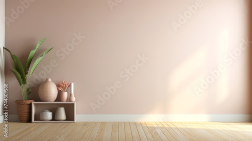 A daylight interior room banner with copy space, a plain beige wall with lots empty space for text, wooden flooring, carefully arranged decorative items, potted plants in vases, eco design concept