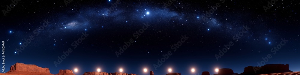 Fototapeta premium Spectacular night sky with a Milky Way arc over a desert caravan, uniting natural wonders with human exploration