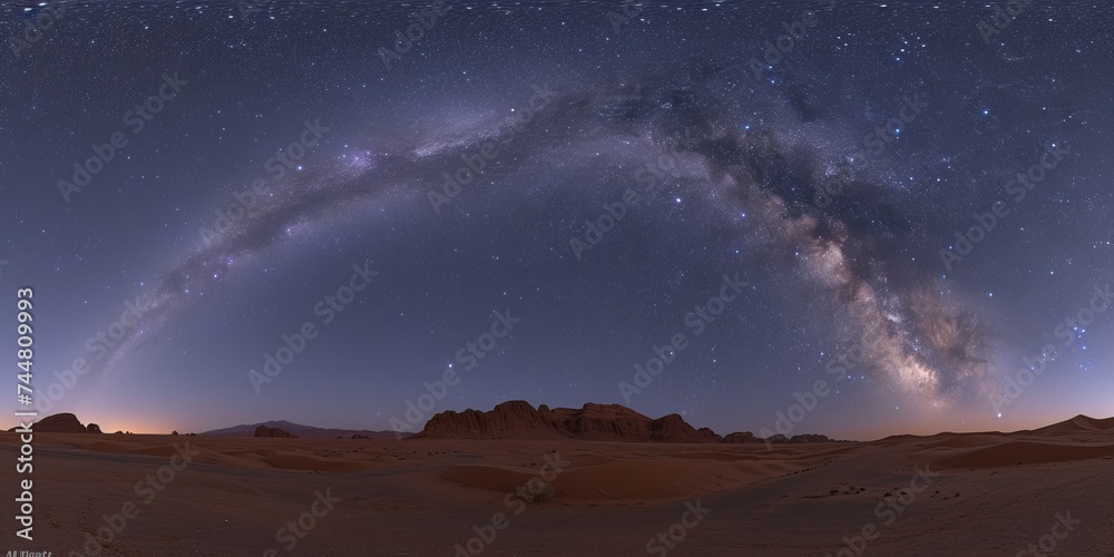 Expansive desert under a magnificent Milky Way arch, a breathtaking panorama showcasing the beauty of the night sky in a remote location