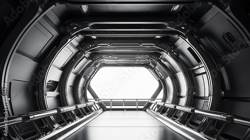 Fototapeta Naklejka Na Ścianę i Meble -  Metal structure similar to spaceship interior in black and white