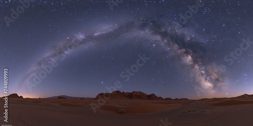 Expansive desert under a magnificent Milky Way arch, a breathtaking panorama showcasing the beauty of the night sky in a remote location