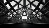 Metal structure similar to spaceship interior in black and white