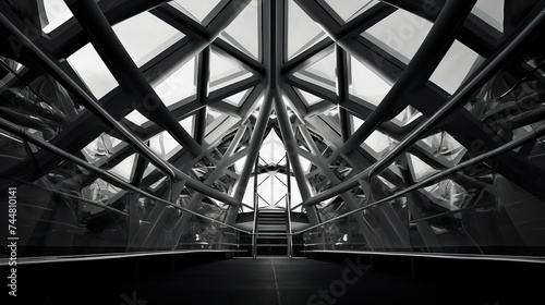 Metal structure similar to spaceship interior in black and white