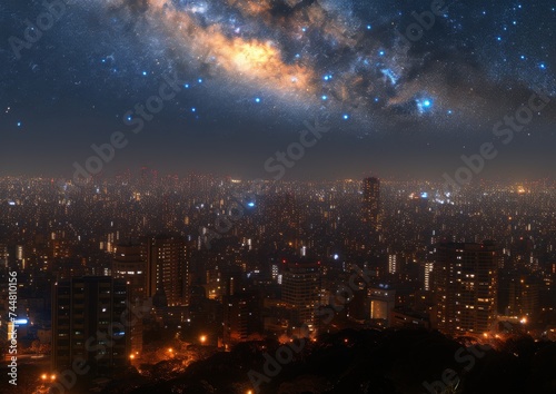 Starry Sky Above a Bustling Cityscape with Milky Way Overlooking Urban Lights