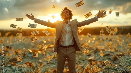 A man in a suit stands in a field of money under the sunlight
