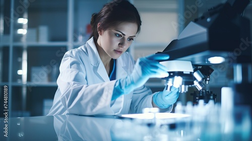 Middle age woman wearing scientist uniform writing on clipboard holding test tubes at laboratory