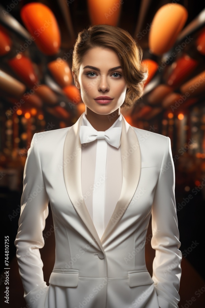  Elegance beautiful woman in business suit, tuxedo for wedding, blending professionalism with timeless bridal chic, embodying grace, style, sophistication for stunning celebration or meeting