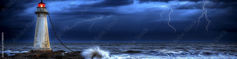 Serene Lighthouse Scene with Calm Sea and Lightning in Distance, Symbol of Guidance and Safety in Marine Landscape