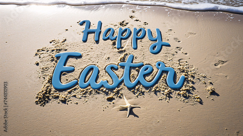 Happy Easter message written on beach sand. © Got Pink?