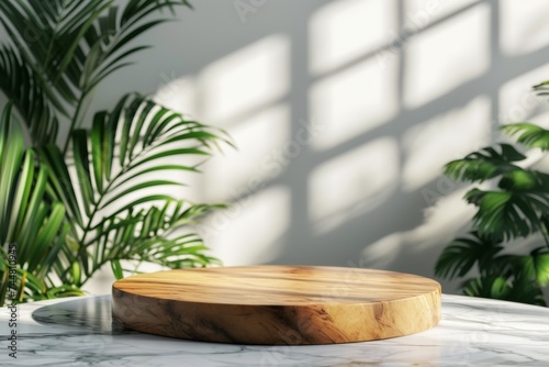 Empty showcase podium minimal style made of wooden with tropical green leaves and serene backdrop for advertising, 3D rendering of realistic presentation, 3D, illustration, render