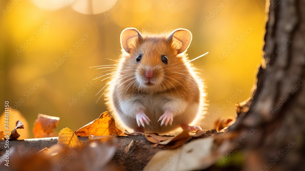 One adult european hamster in front of a tree One adult european hamster in front of a tree