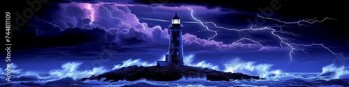 Lighthouse Beacon Aglow Amidst Thunderstorm, Lightning Strikes over Ocean Waves, Dramatic Night Seascape
