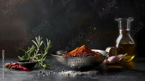 Rustic kitchen scene with spices and herbs, culinary still life. warm, cozy cooking ingredients layout with a vintage vibe. ideal for recipe backdrops. AI photo