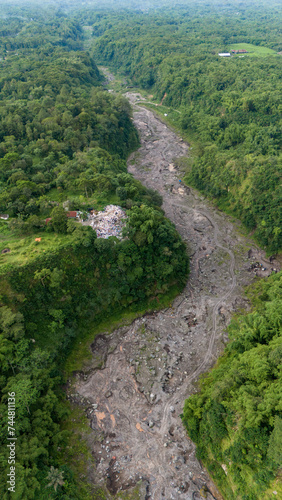 aerial view of sand and stone mining on the slopes of Mount Merapi in Sleman Regency, Yogyakarta