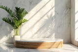 Empty showcase podium minimal style made of marble with a serene backdrop and tropical green plants for advertising, 3D rendering of realistic presentation, 3D, illustration, render