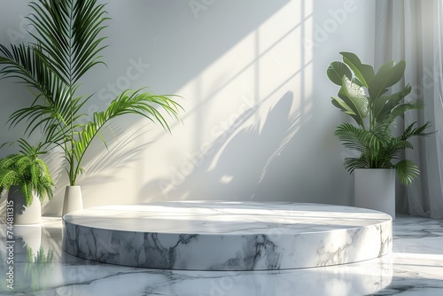 Empty showcase podium minimal style made of marble with a serene backdrop and tropical green plants for advertising, 3D rendering of realistic presentation, 3D, illustration, render