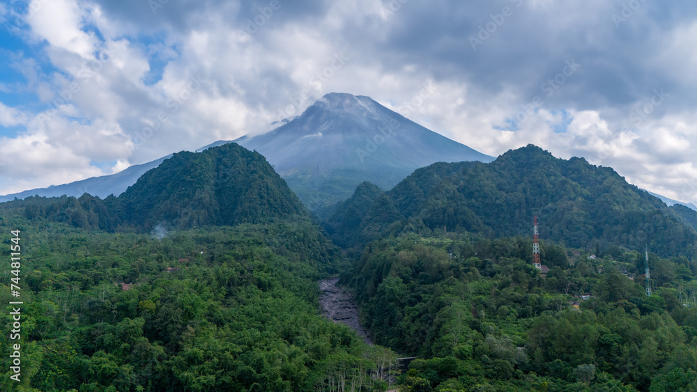 aerial view of Mount Merapi is the most active volcano in Indonesia located in the central part of Java Island in Sleman Regency, Yogyakarta