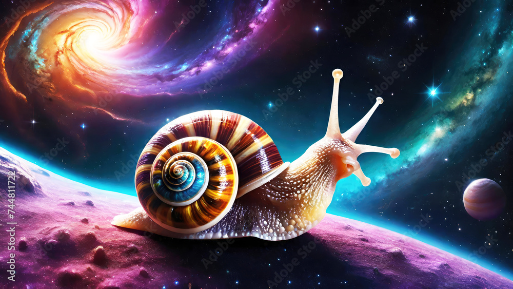 A snail on a starry space background looking on spiral galaxy. Microcosm concept.Generative AI A snail on a starry space background looking on spiral galaxy. Microcosm concept.Generative AI