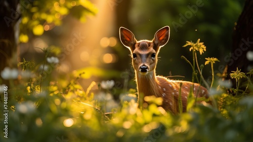 Roe deer male on the magical green grassland, european wildlife, wild animal in the nature habitat