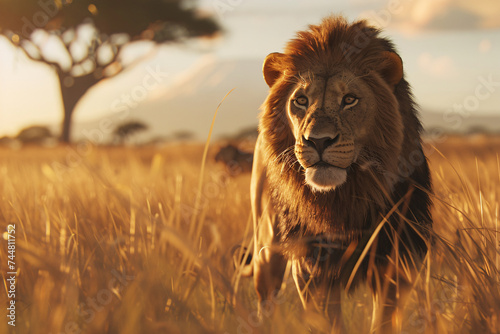 Lion with a serene expression in a sunlit savannah