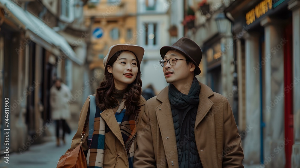 Stylish couple exploring city streets in autumn wear. casual urban exploration with a touch of romance. cozy and fashionable. AI