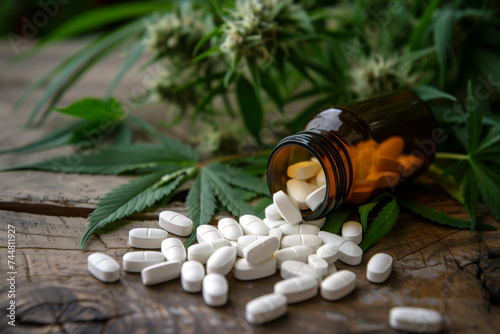 white pharmaceutical tablets with open bottle and marijuana leaves on wooden background 