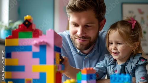 Father and daughter enjoying playtime with building blocks at home. candid family moment captured in bright room. AI