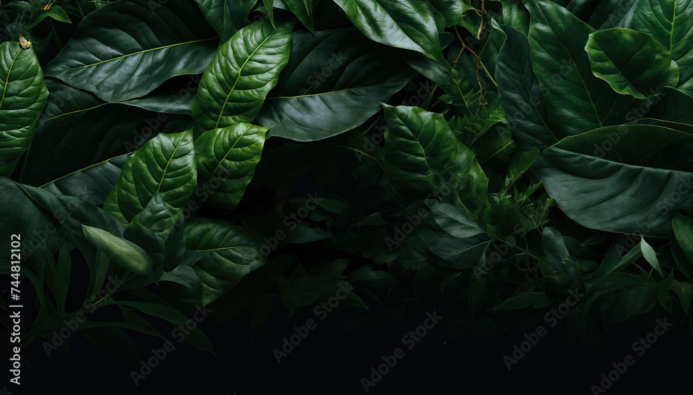  A dark and moody image of lush green leaves with a golden logo in the bottom right corner - obrazy, fototapety, plakaty 