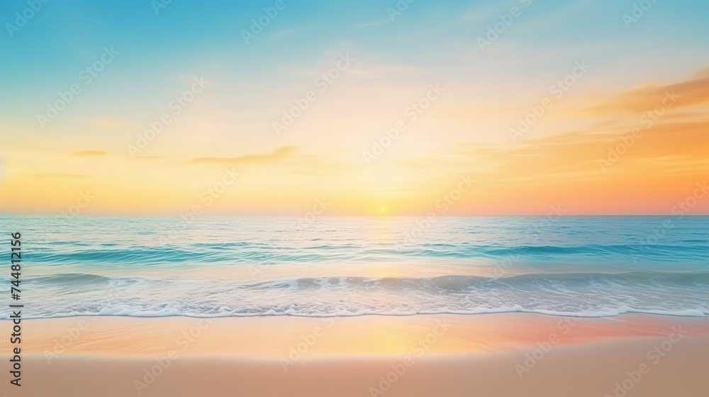 Summer holiday concept: Abstract blur blue, yellow and orange color sky beach sunset background