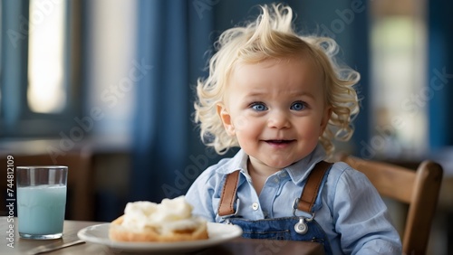 Adorable toddler seated at the dining table
