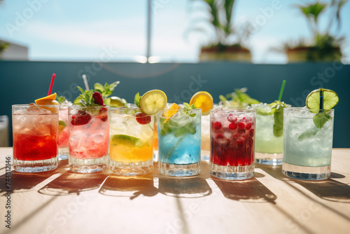Summertime, vacation. Summer drinks cocktails. Glasses of cocktails on bar background. Bar, kafe, shots. Party time. Celebrating.