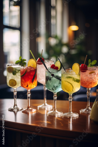 Summertime, vacation. Summer drinks cocktails. Glasses of cocktails on bar background. Bar, kafe, shots. Party time. Celebrating.