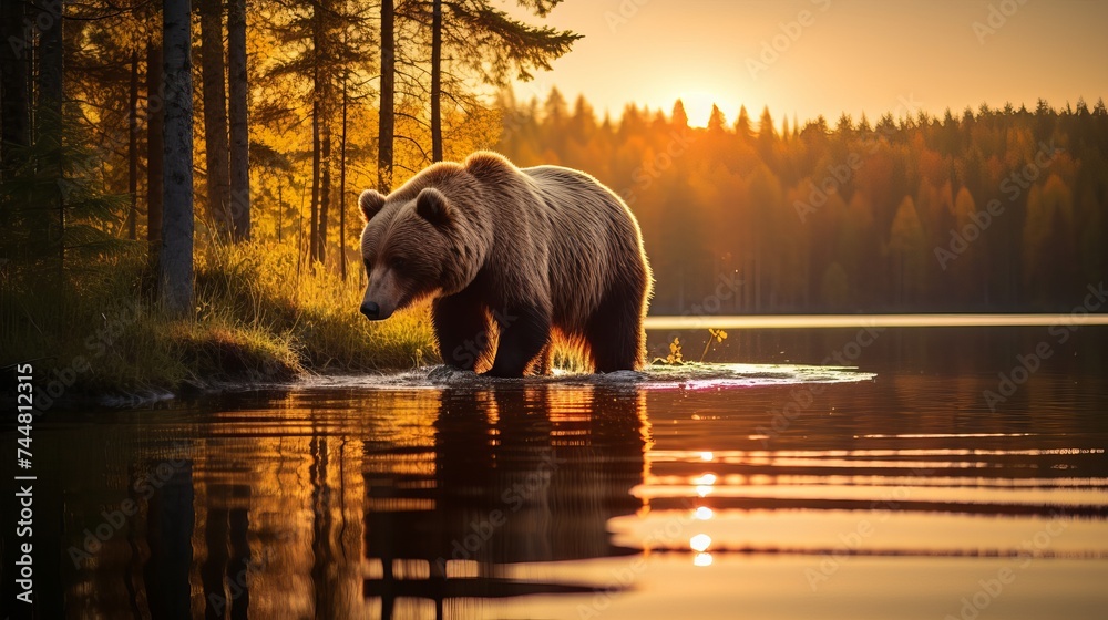 Sunset, morning light with big brown bear walking around lake in the morning light. Dangerous animal in nature forest and meadow habitat. Wildlife scene from Finland near Russian border - obrazy, fototapety, plakaty 