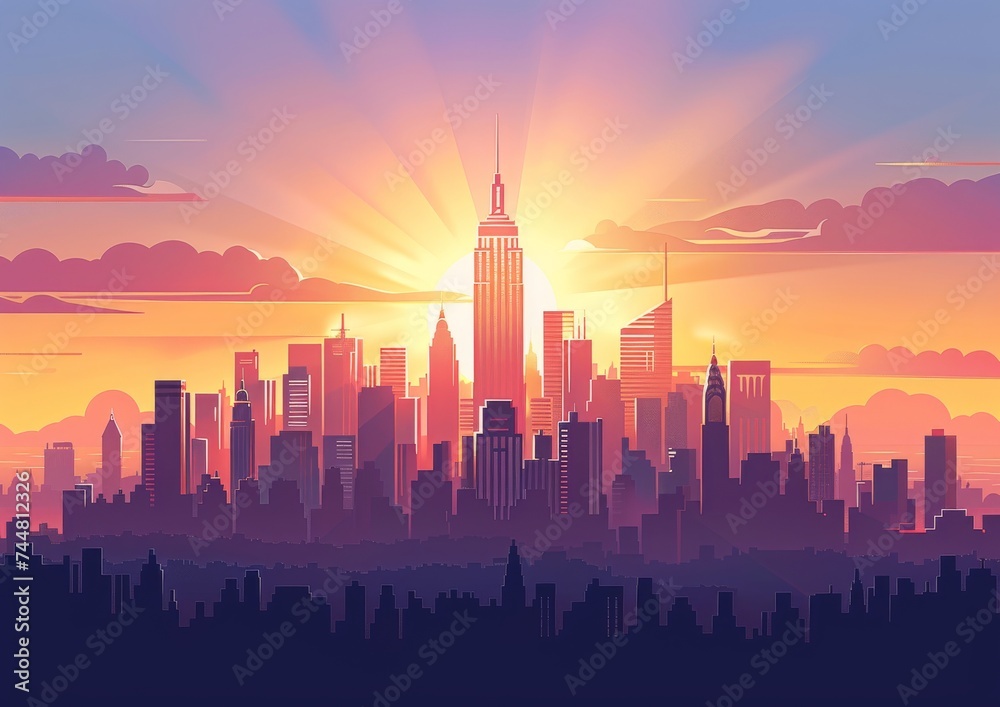Sunrise Over Cityscape, Warm Sky with Sun Flare, Urban Skyline Silhouette, Peaceful Morning View