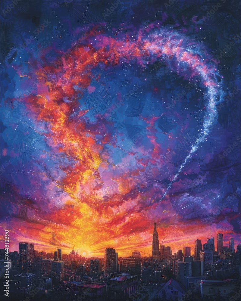 Cosmic Love Over Cityscape, Vibrant Sunset with Heart-Shaped Nebula Above Urban Skyline, Surreal Fantasy Sky