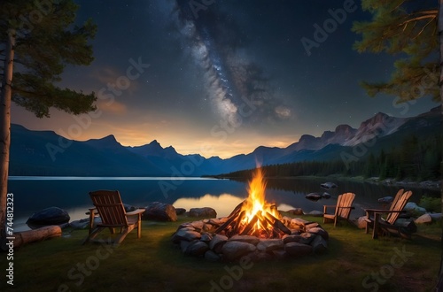 A tent pitched under the stars with a cozy fire glowing nearby
