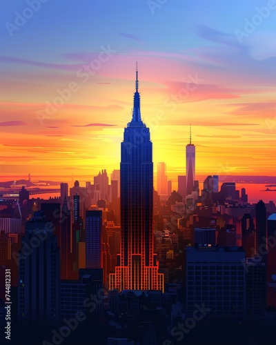Sunset Over Iconic Skyscraper, Vibrant Urban Skyline Bathed in Warm Hues, Cityscape Against Dramatic Sunset