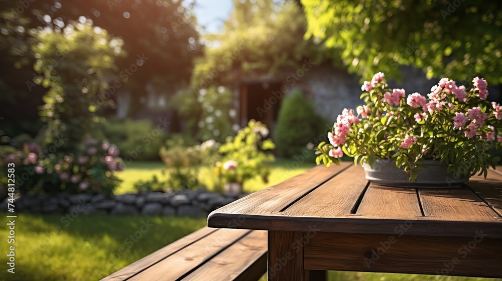 Naklejka premium Wooden table in garden of spring time