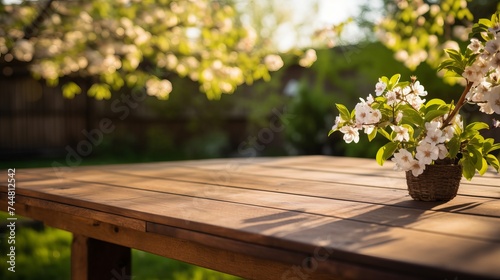 Wooden table in garden of spring time