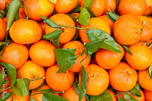 Oranges Close Up With Leaves At A Market