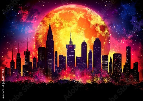 Fantastical Cityscape with Cosmic Moon Over Vibrant Metropolis, Surreal Skyline Art with Space Elements